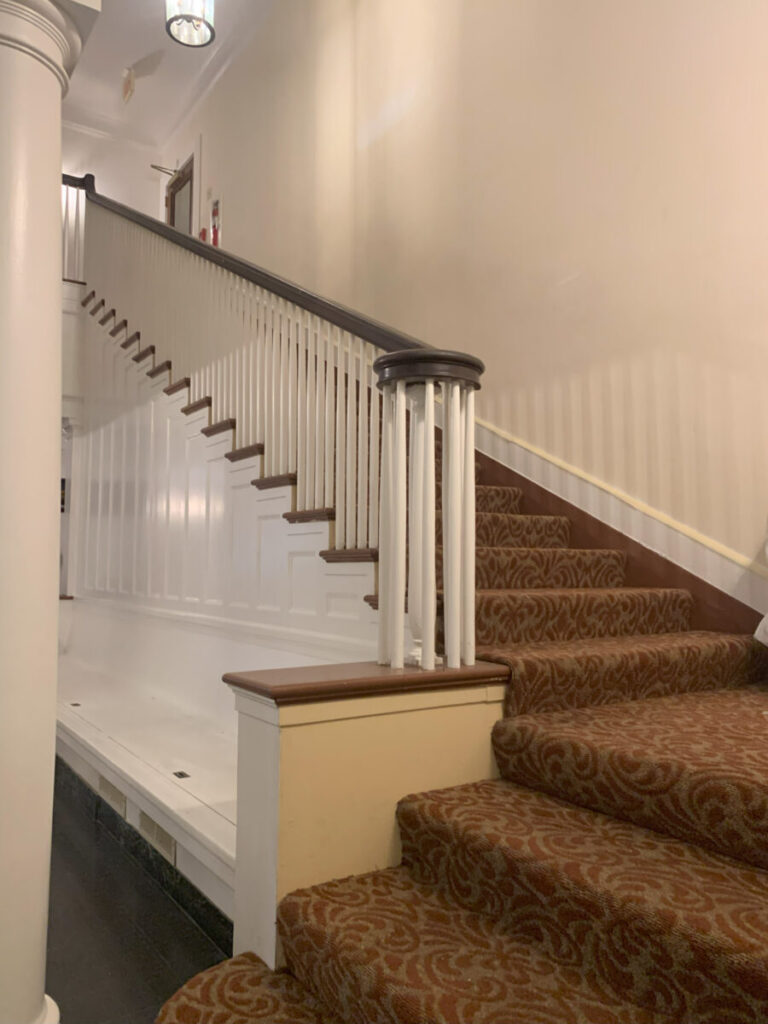 Interior view of a staircase with carpeted steps next to a smooth, sloped ramp and white railing.